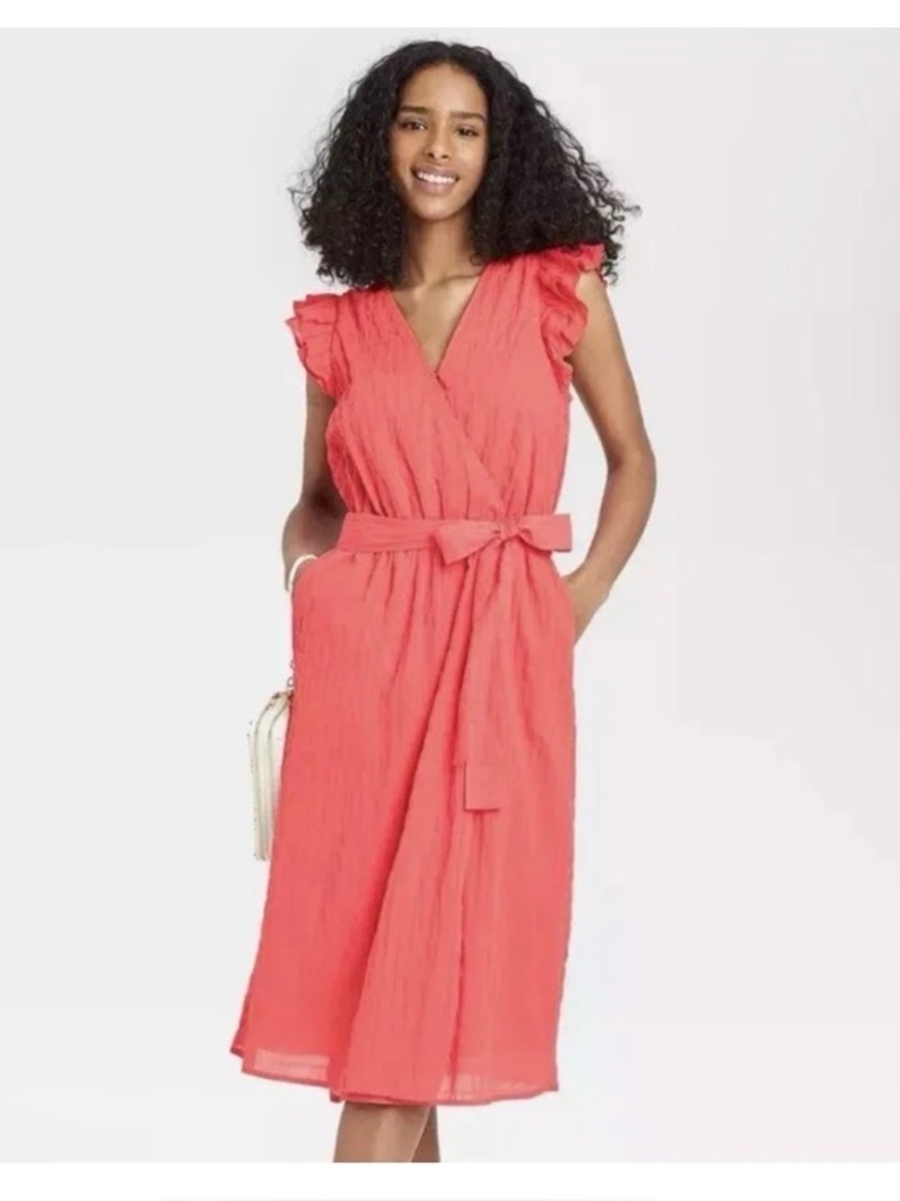 a new day Coral Wrap Midi Dress with Tie Waist